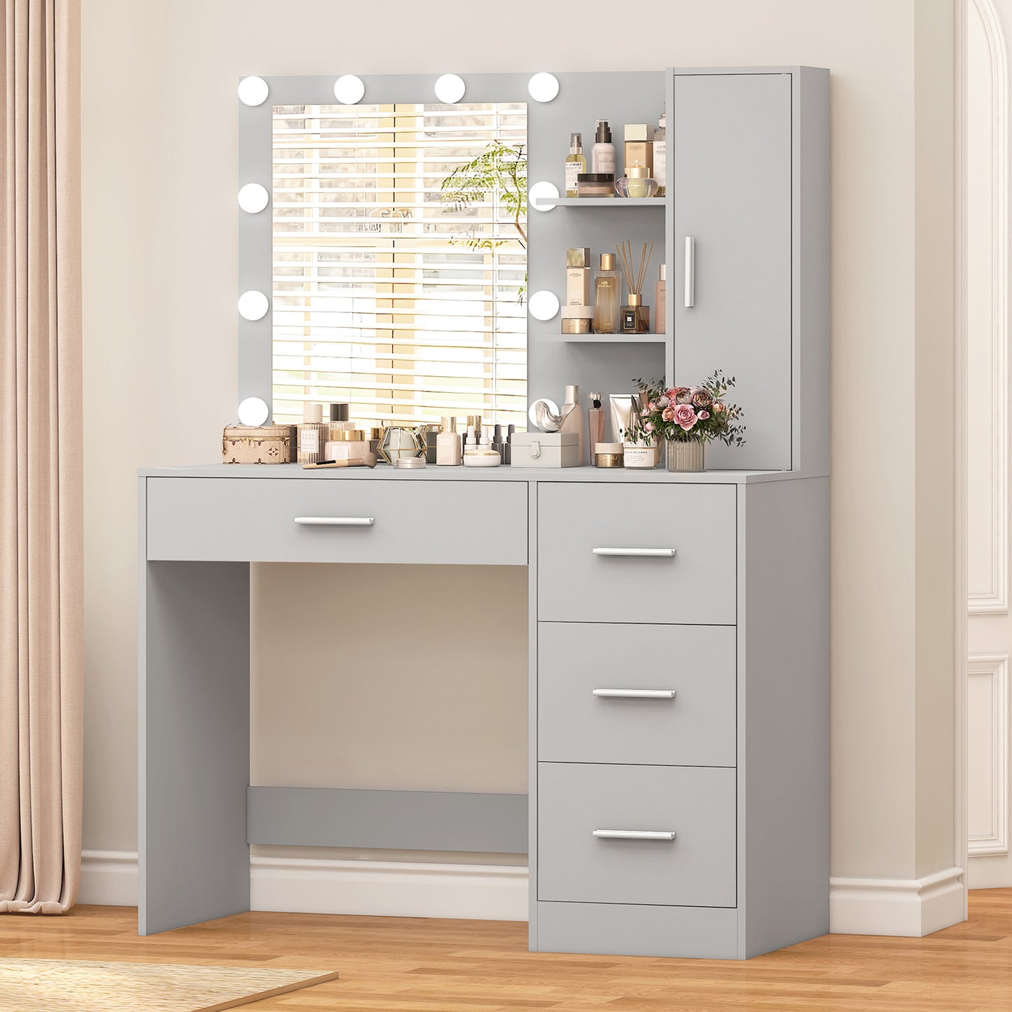 USIKEY Makeup Vanity with Lights, Vanity Desk with Mirror and 10 LED Lights, Vanity Table with 4 Drawers, Cabinet & 4 Necklace Hooks for Bedroom