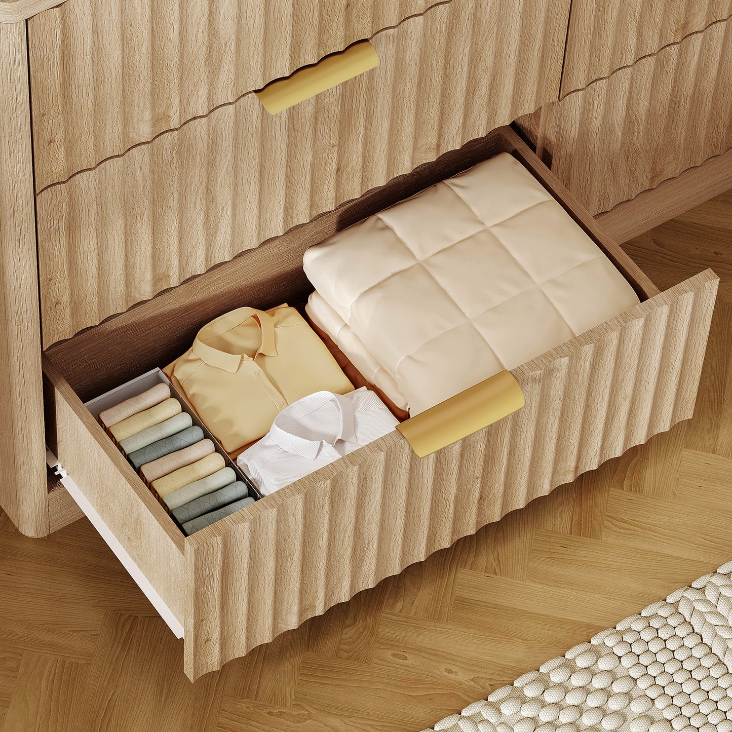 USIKEY 47.3''Wide Fluted 6 Drawer Dresser for Bedroom,  Modern Chest of Drawers, Wood Closet Clothes Organizer for Bedroom, Hallway, Natural