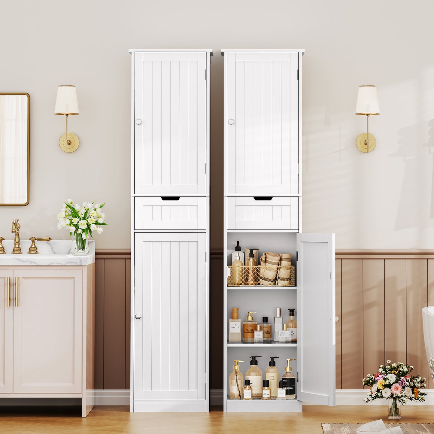 usikey Tall Bathroom Cabinet with Doors, Rattan Storage Cabinet with Adjustable Shelves, Freestanding Narrow Linen Cabinet for Living Room, Entryway, Kitchen, Home Office, Natural