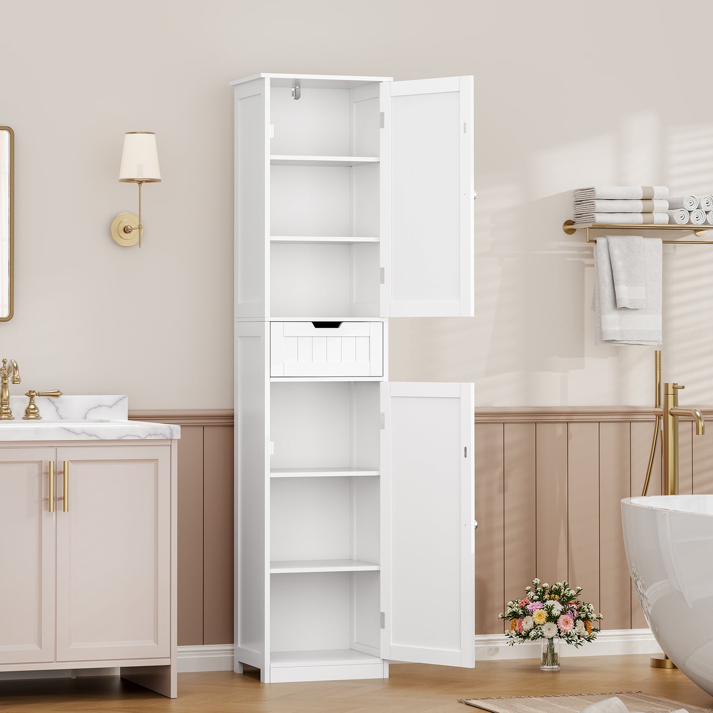 usikey Tall Bathroom Cabinet with Doors, Rattan Storage Cabinet with Adjustable Shelves, Freestanding Narrow Linen Cabinet for Living Room, Entryway, Kitchen, Home Office, Natural