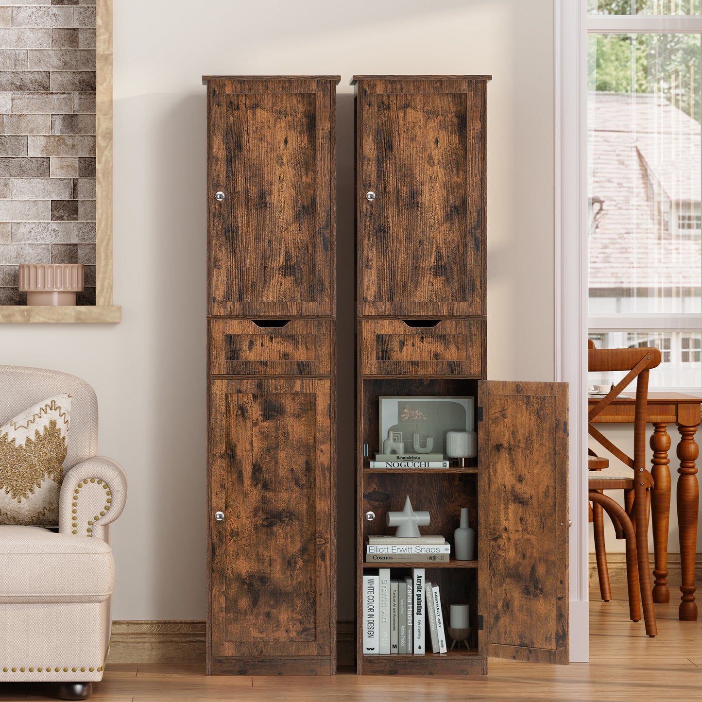 usikey Tall Bathroom Cabinet with Doors, Rattan Storage Cabinet with Adjustable Shelves, Freestanding Narrow Linen Cabinet for Living Room, Entryway, Kitchen, Home Office, Natural