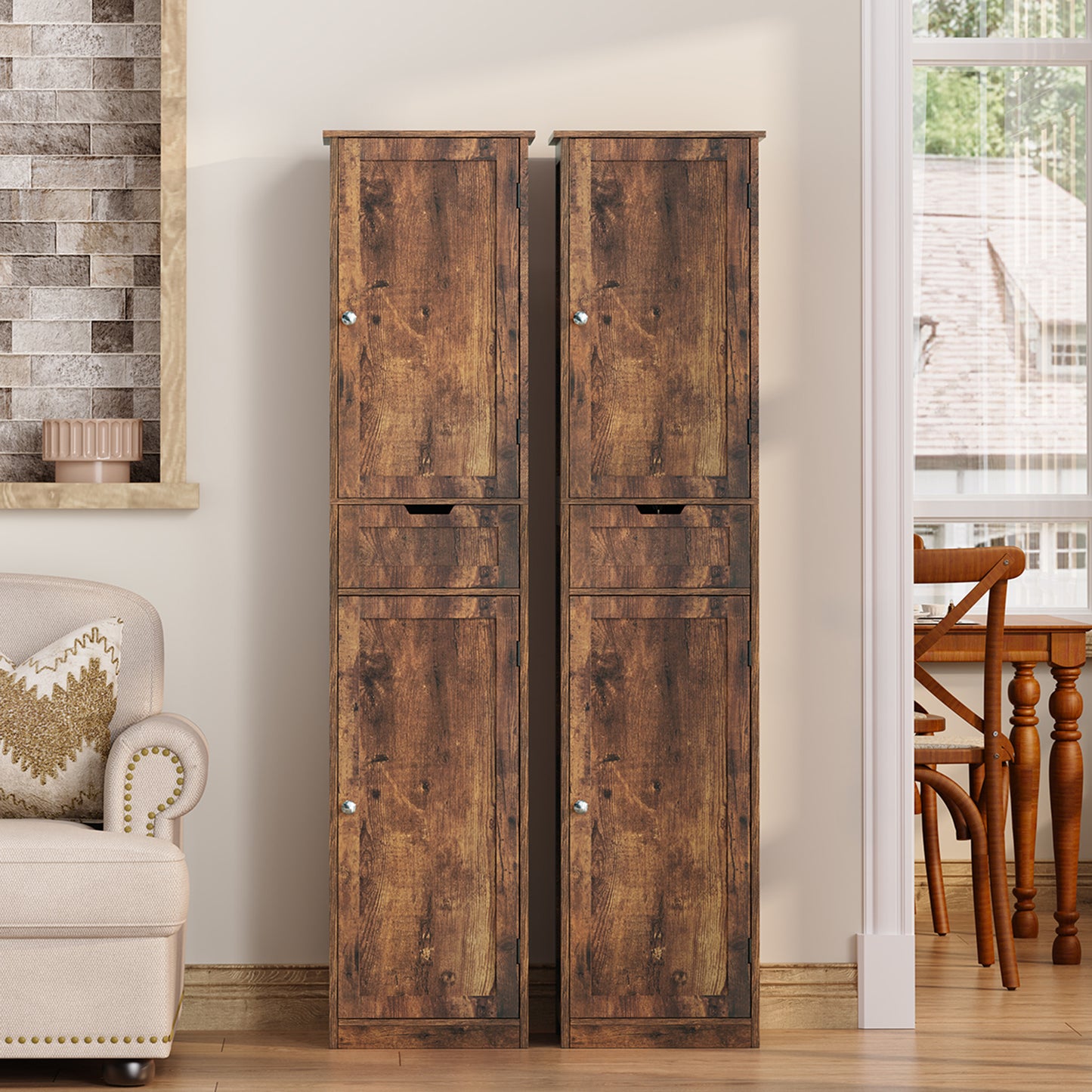 usikey Tall Bathroom Cabinet with Doors, Rattan Storage Cabinet with Adjustable Shelves, Freestanding Narrow Linen Cabinet for Living Room, Entryway, Kitchen, Home Office, Natural