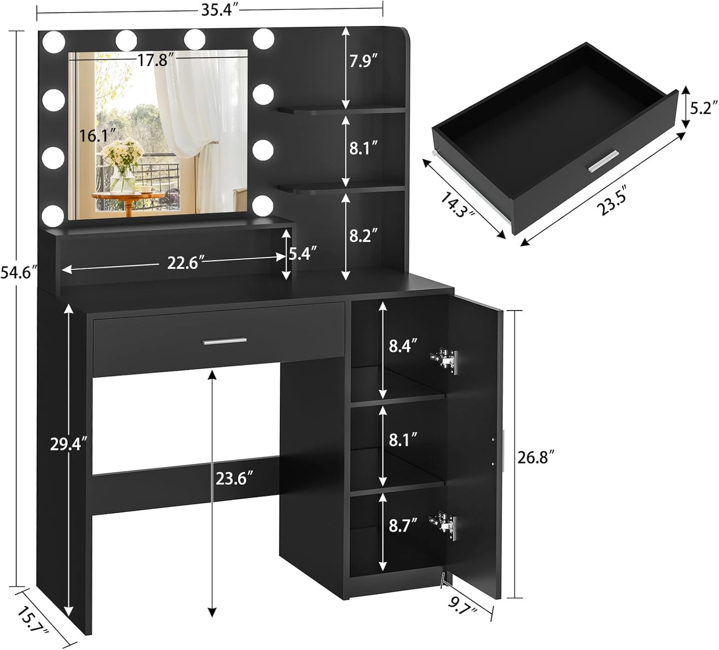 Shelf, Big Drawer, Cabinet with Shelves, 3 Lighting Modes & Adjustable Brightness Dressing Table, Small Makeup Vanity, 35.5” Desk,