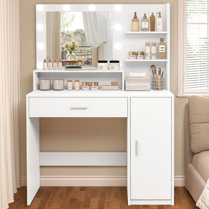 USIKEY Makeup Vanity Desk with Mirror and Lights, Vanity Desk with Large Drawer & Shelves & Cabinet, 3 Color Modes & Adjustable Brightness