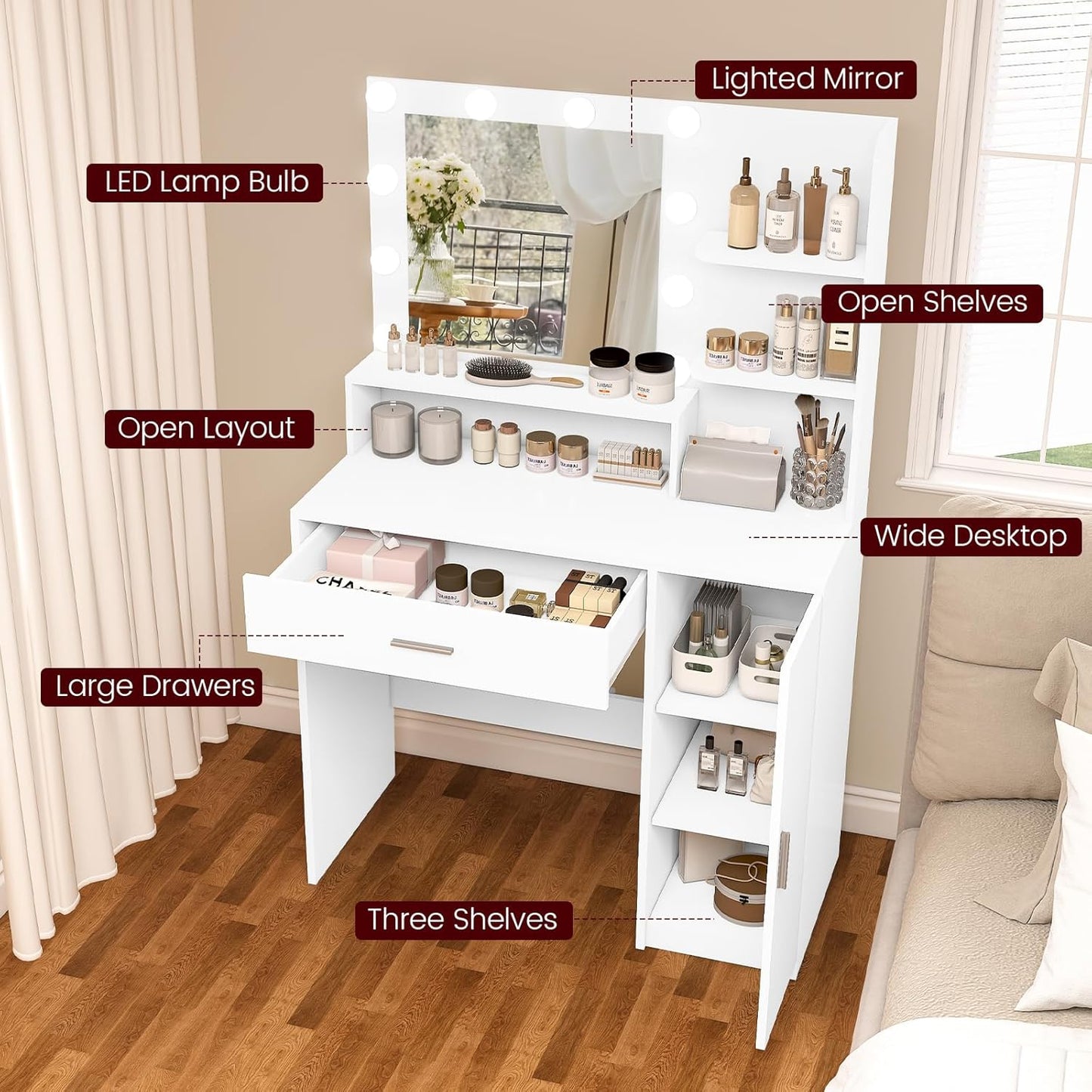 Shelf, Big Drawer, Cabinet with Shelves, 3 Lighting Modes & Adjustable Brightness Dressing Table, Small Makeup Vanity, 35.5” Desk,