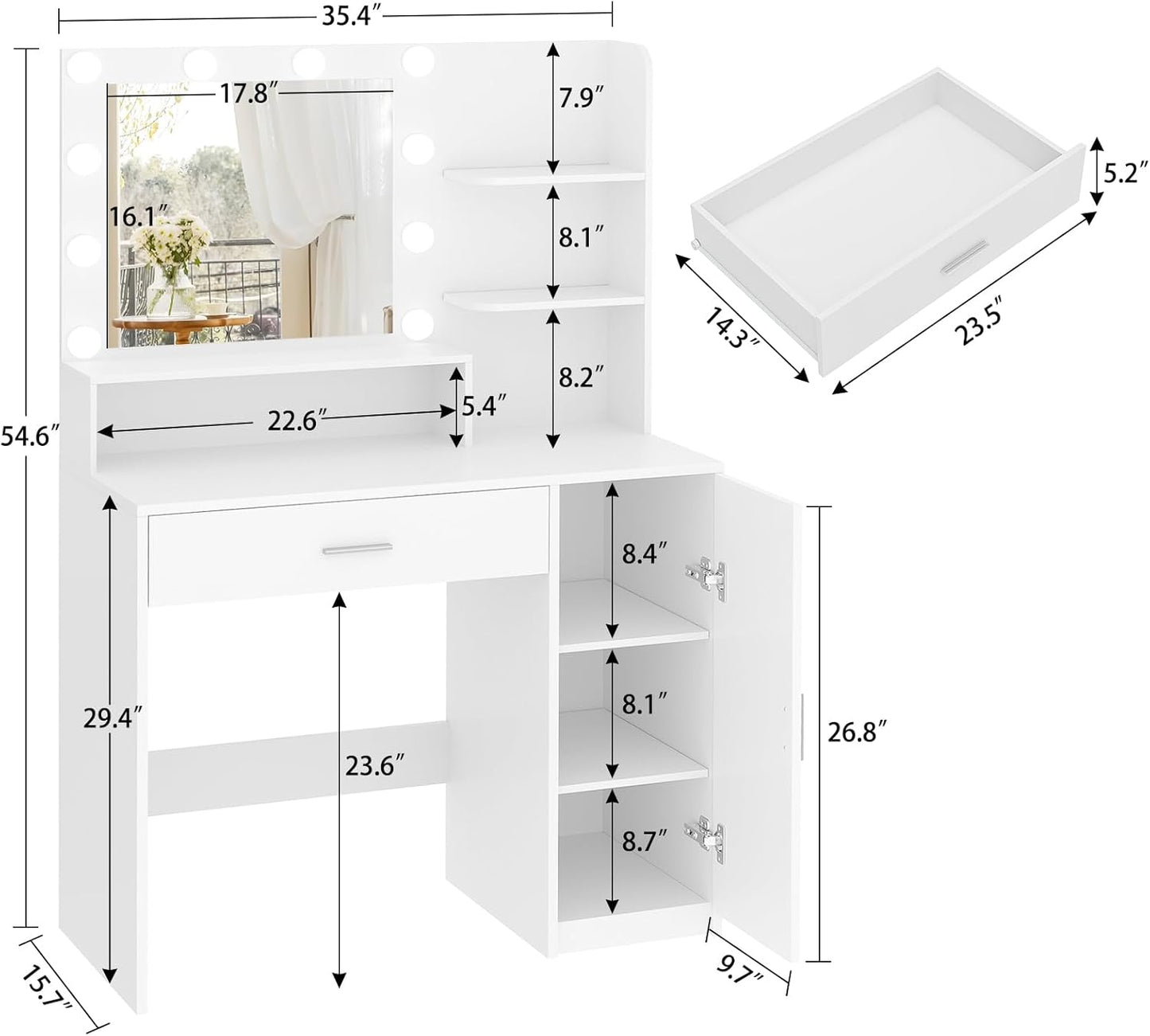 Shelf, Big Drawer, Cabinet with Shelves, 3 Lighting Modes & Adjustable Brightness Dressing Table, Small Makeup Vanity, 35.5” Desk,