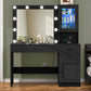 Vanity Desk, Makeup Vanity with Lights, Large Mirror Vanity with 3 Drawers and 2 Cabinets, Vanity Table Set with Power Outlet and Glass Tabletop, for Bedroom