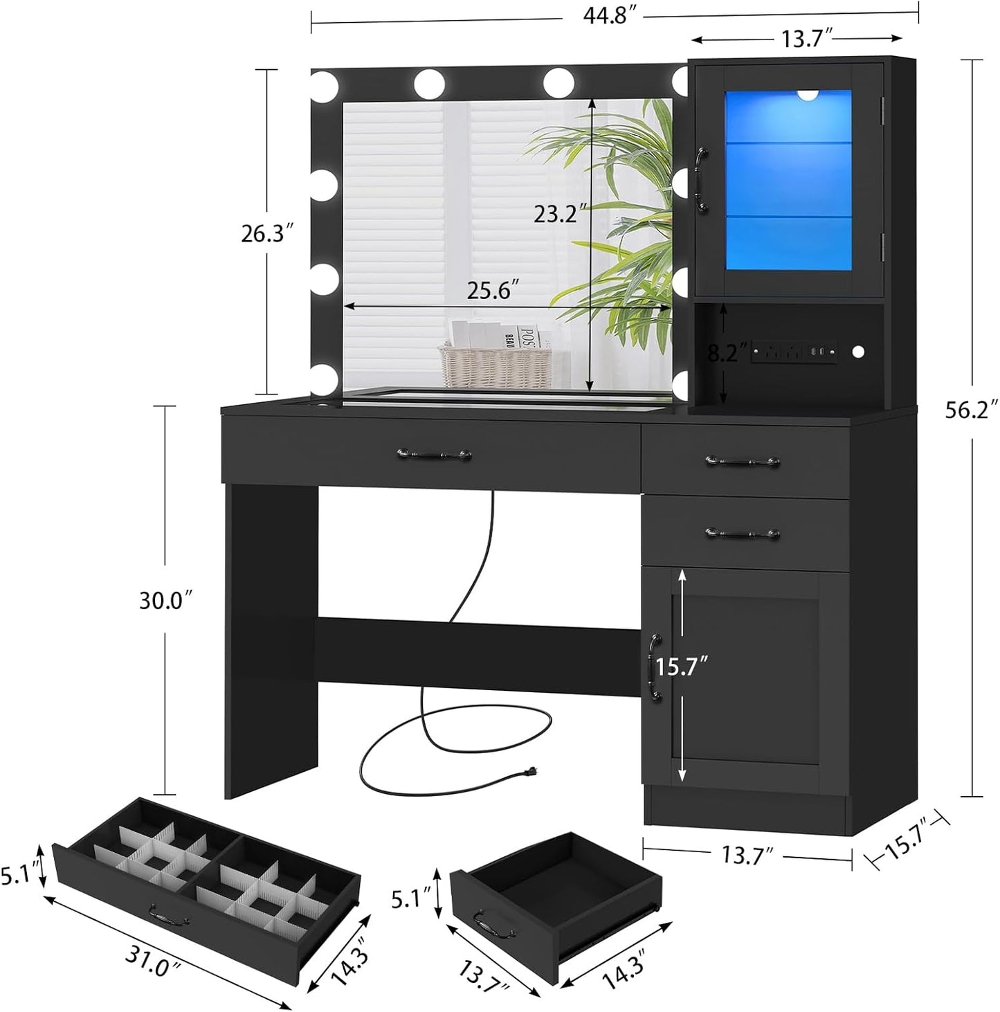 Vanity Desk, Makeup Vanity with Lights, Large Mirror Vanity with 3 Drawers and 2 Cabinets, Vanity Table Set with Power Outlet and Glass Tabletop, for Bedroom