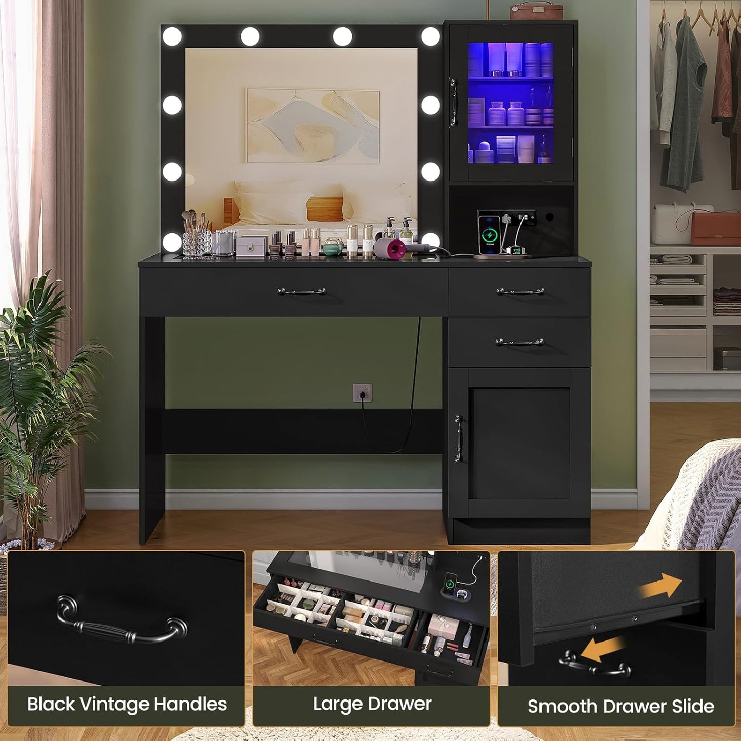 Vanity Desk, Makeup Vanity with Lights, Large Mirror Vanity with 3 Drawers and 2 Cabinets, Vanity Table Set with Power Outlet and Glass Tabletop, for Bedroom