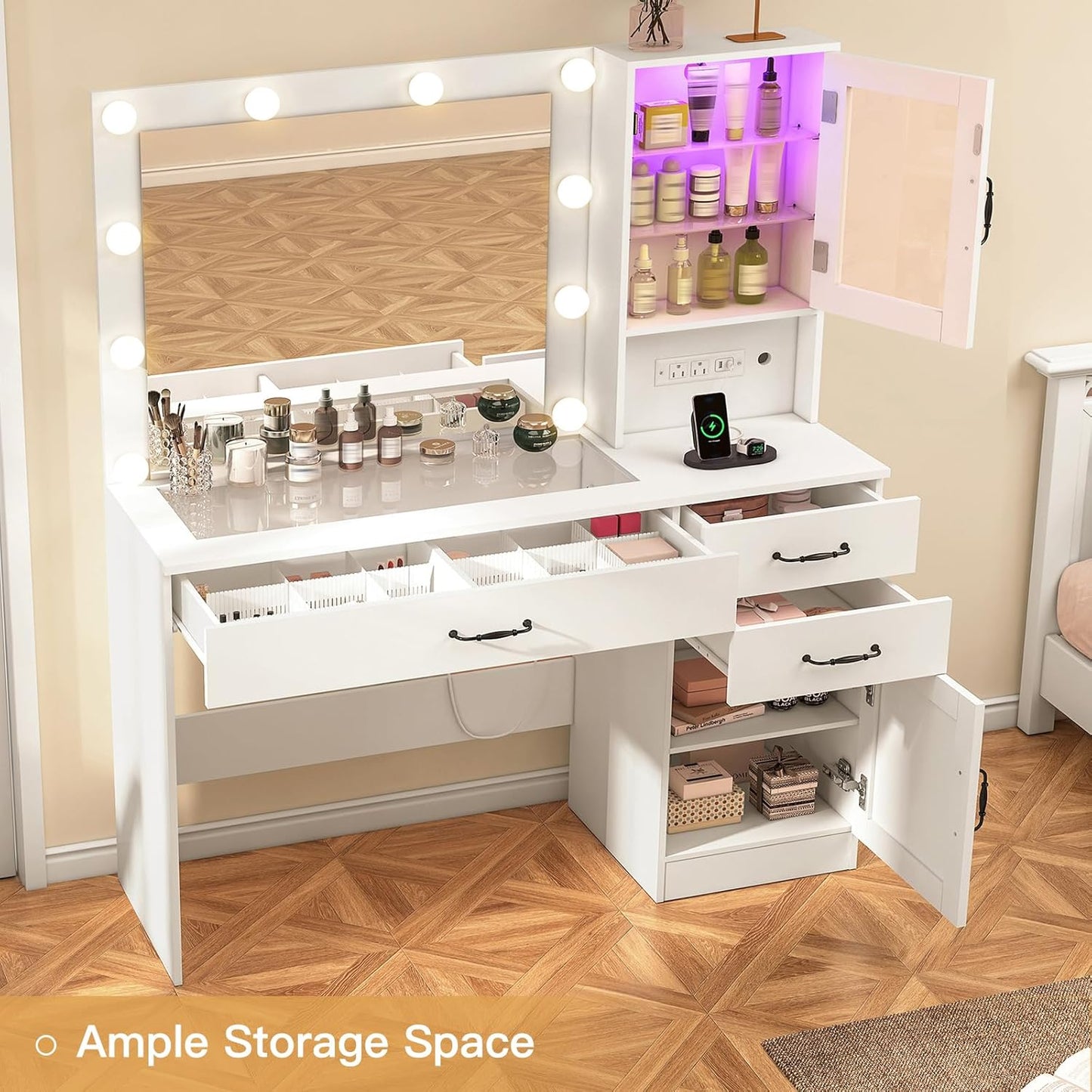 Vanity Desk, Makeup Vanity with Lights, Large Mirror Vanity with 3 Drawers and 2 Cabinets, Vanity Table Set with Power Outlet and Glass Tabletop, for Bedroom