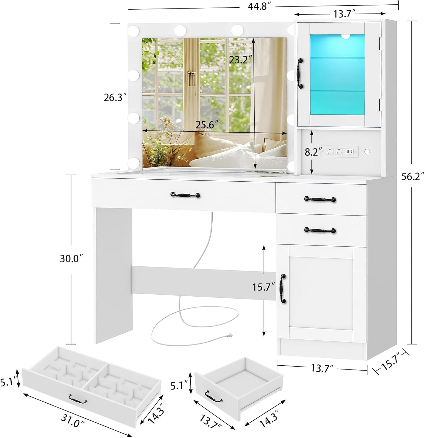 Vanity Desk, Makeup Vanity with Lights, Large Mirror Vanity with 3 Drawers and 2 Cabinets, Vanity Table Set with Power Outlet and Glass Tabletop, for Bedroom