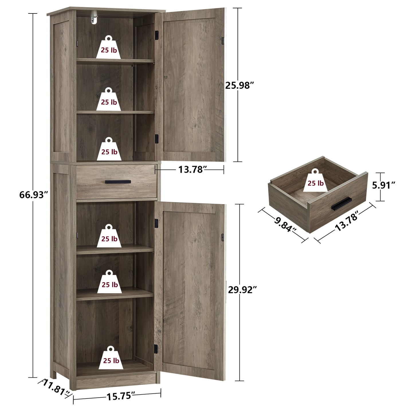 usikey 67"Tall Storage Cabinet, Bathroom Cabinet with 4 Shelves & 2 Doors, Narrow Tall Cabinet, Bathroom Floor Cabinet for Bathroom, Living Room, Rustic Oak