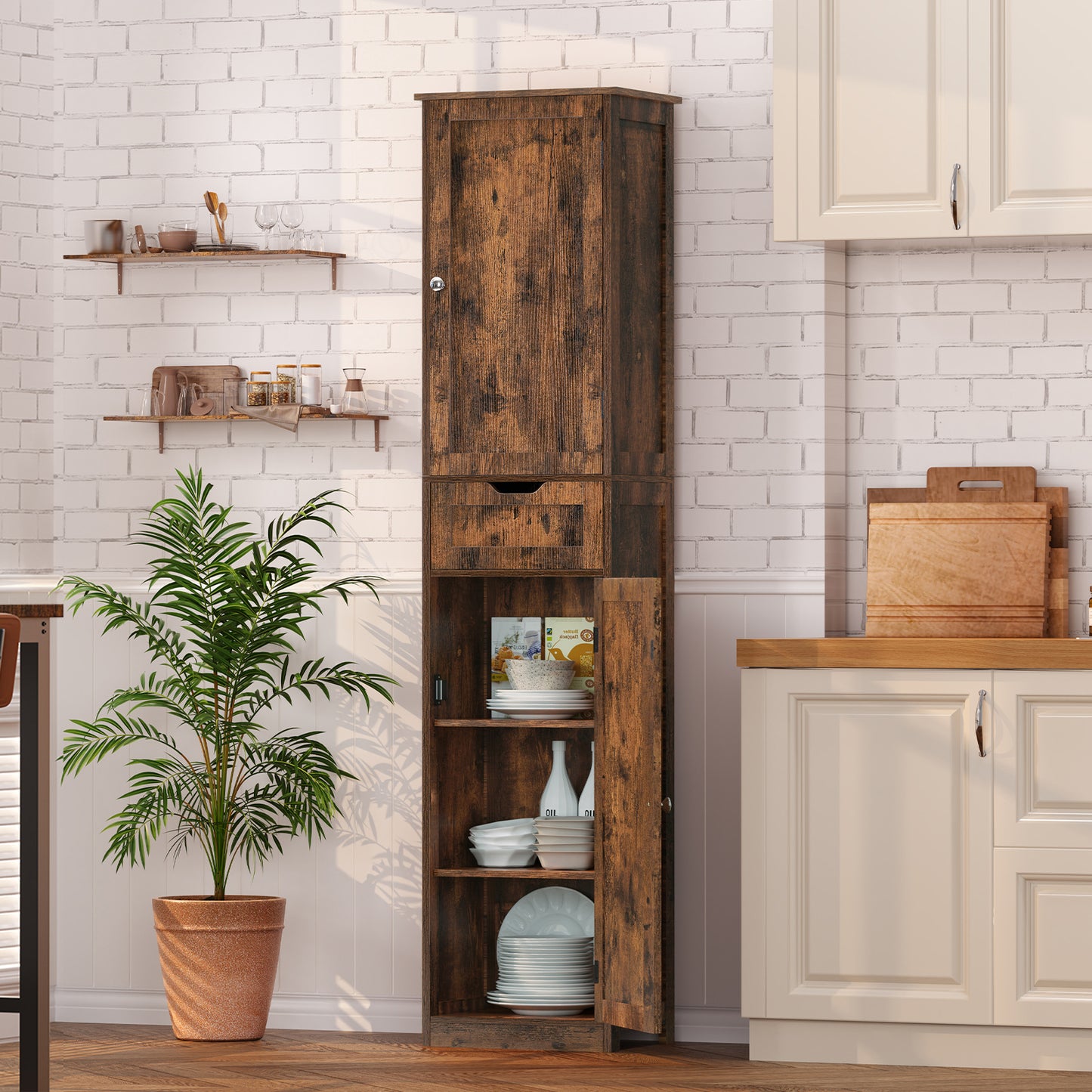 usikey Tall Bathroom Cabinet with Doors, Rattan Storage Cabinet with Adjustable Shelves, Freestanding Narrow Linen Cabinet for Living Room, Entryway, Kitchen, Home Office, Natural