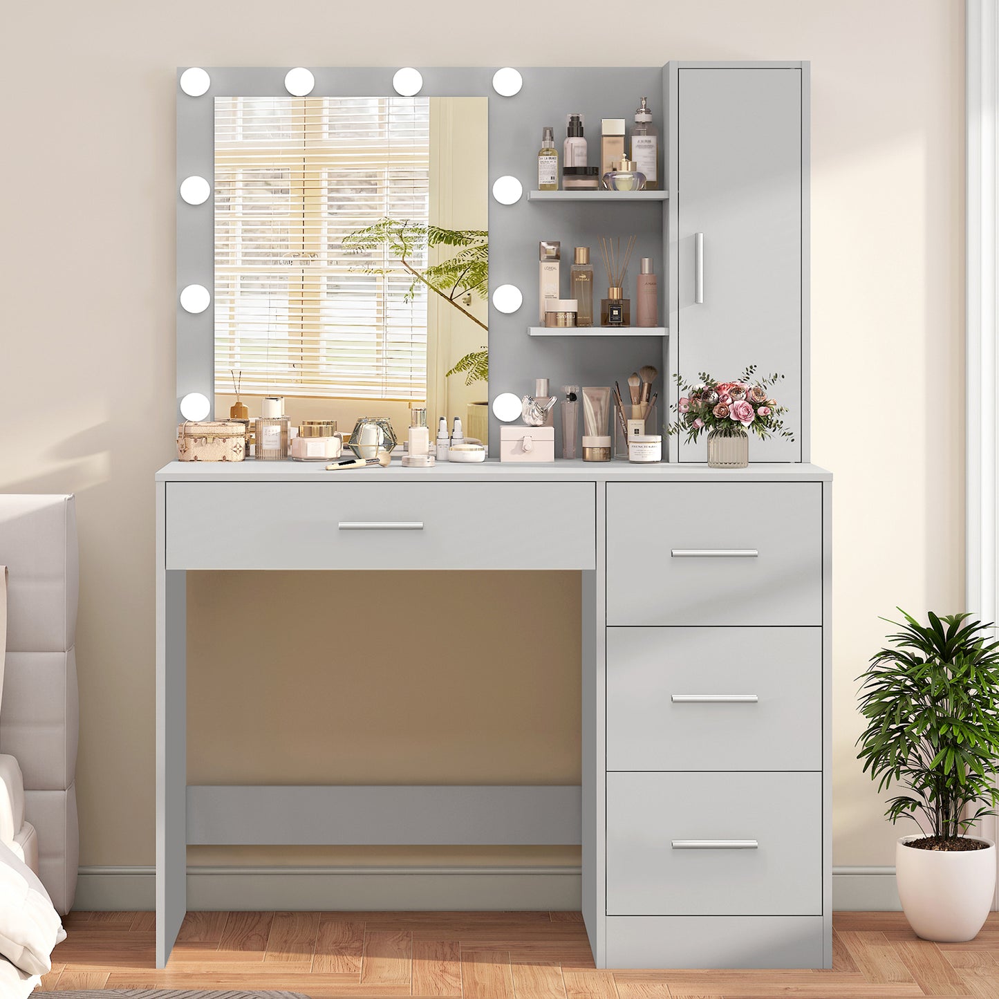 usikey Makeup Vanity with Lights, Vanity Desk with Mirror and 10 LED Lights, Vanity Table Set with 4 Drawers, Cabinet & 4 Necklace Hooks, Dressing Table for Bedroom, White