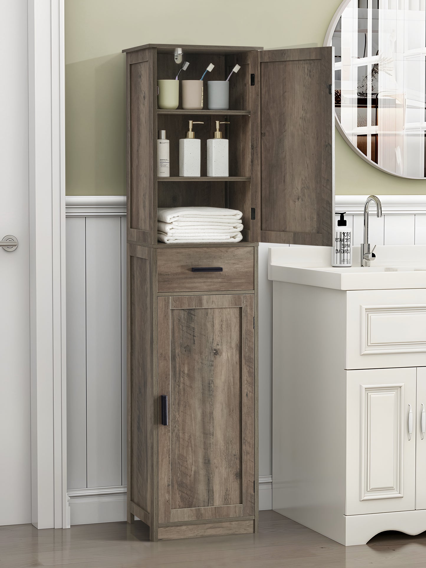 usikey 67"Tall Storage Cabinet, Bathroom Cabinet with 4 Shelves & 2 Doors, Narrow Tall Cabinet, Bathroom Floor Cabinet for Bathroom, Living Room, Rustic Oak