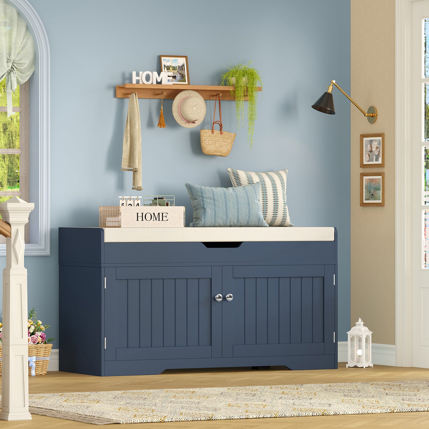USIKEY Shoe Storage Bench, 2 Tier Shoe Bench with Padded Seat Cushion & 2 Barn Doors, Entryway Bench with Adjustable Shelf, Shoe Cabinet for Living Room, Bedroom