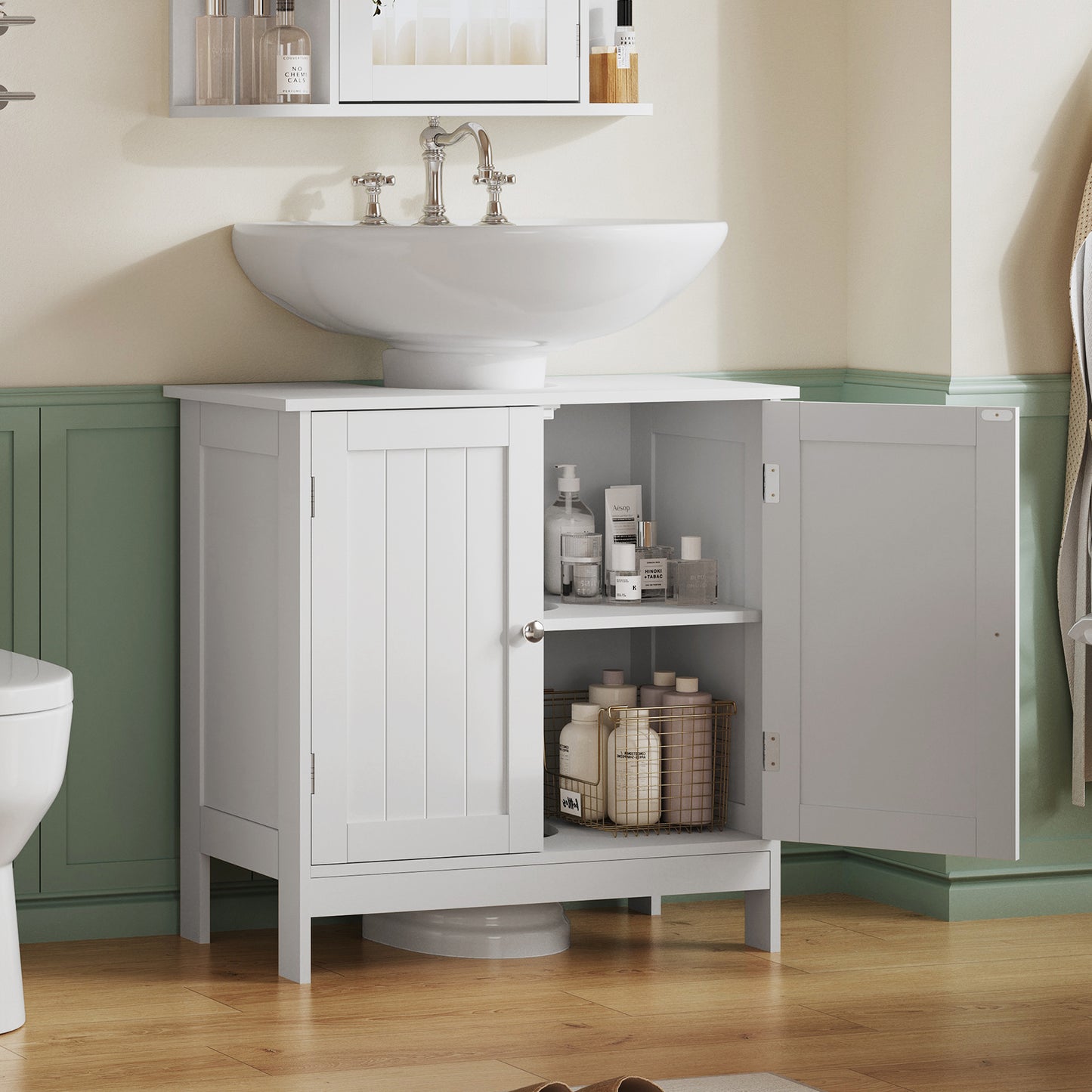 USIKEY Pedestal Sink Storage Cabinet with 2 Doors and Shelf, Under Sink Cabinet, Bathroom Sink Cabinet with U-Shape, White