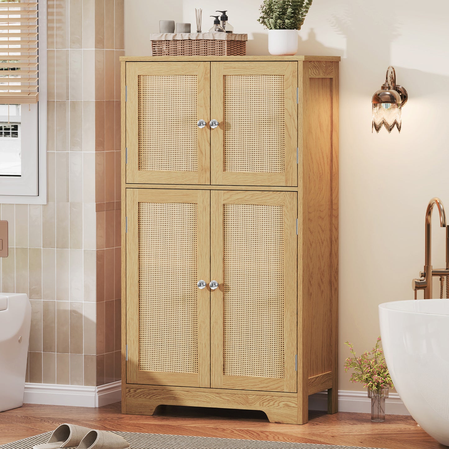 USIKEY Storage Cabinet, Bathroom Cabinet with 4 Doors & Adjustable Shelf, Bathroom Floor Cabinet for Living Room, Entryway, Home Office