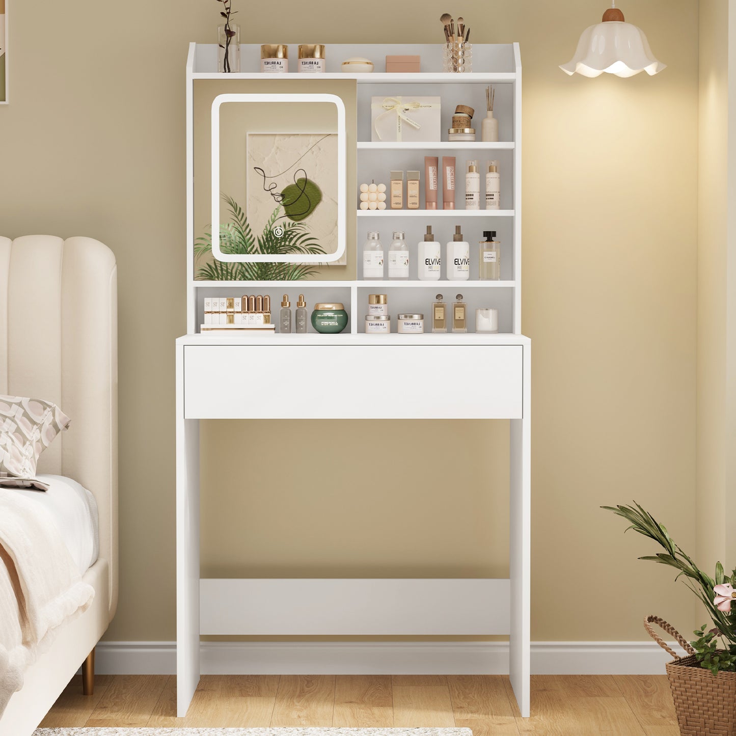 USIKEY Small Vanity Desk with Lighted Sliding Mirror, 3 Lighting Modes, Makeup Vanity Table with Storage Drawer and Hidden Storage Shelves