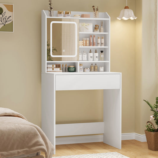 USIKEY Small Vanity Desk with Lighted Sliding Mirror, 3 Lighting Modes, Makeup Vanity Table with Storage Drawer and Hidden Storage Shelves