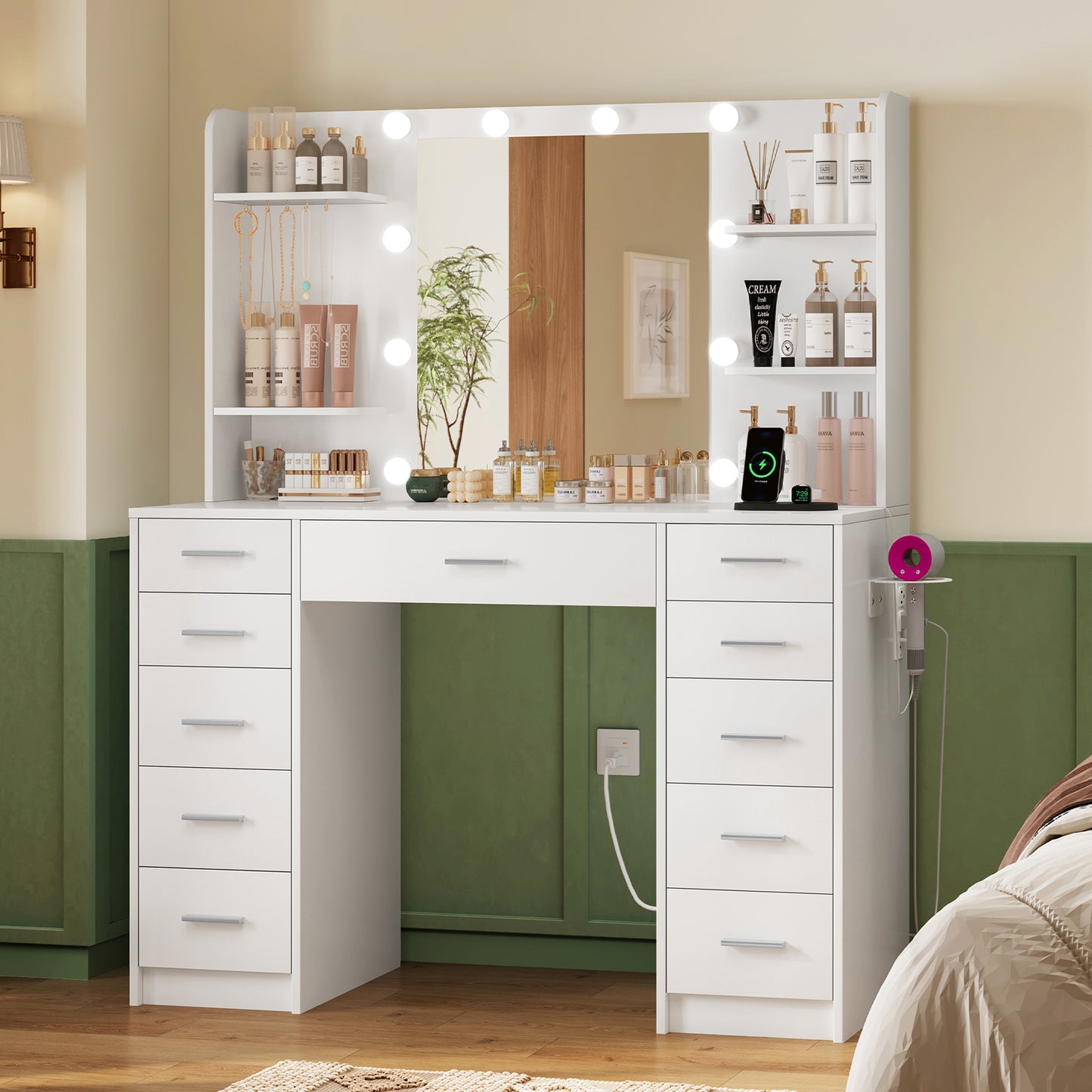 USIKEY Vanity Desk with Mirror and Lights, Power Outlet, Makeup Vanity with 11 Drawers & 6 Open Storage Shelves, 3 Lighting Modes Brightness Adjustable, White