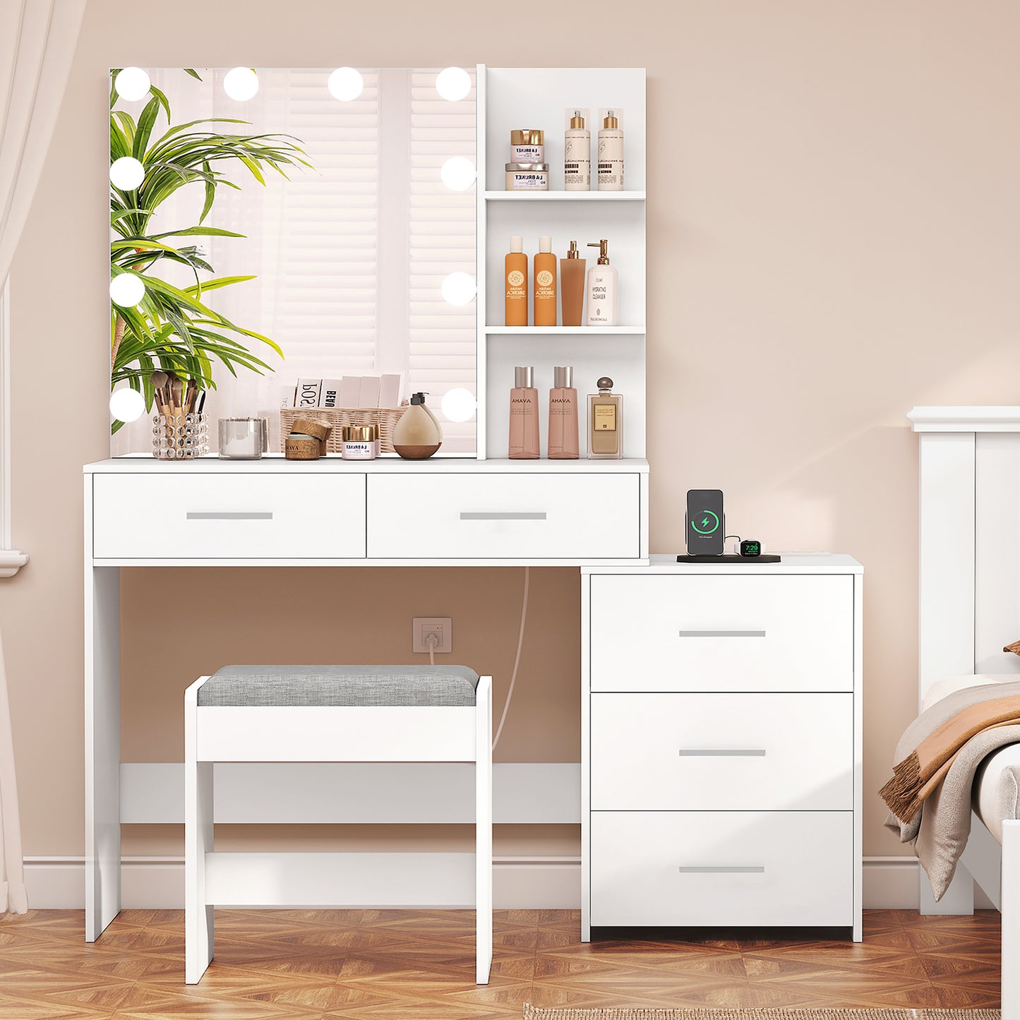 USIKEY Large Vanity Desk with Mirror & 10 LED Lights, Makeup Vanity Dressing Table with Power Strip, Storage Shelves & 5 Drawers