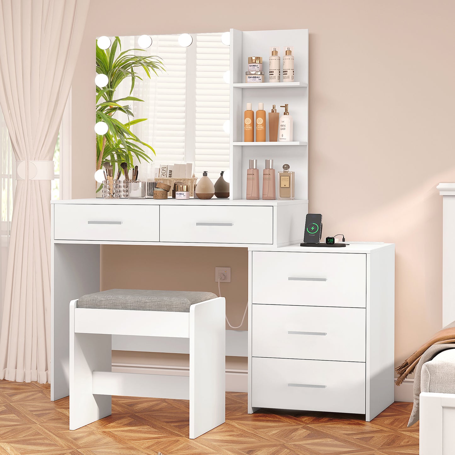 USIKEY Large Vanity Desk with Mirror & 10 LED Lights, Makeup Vanity Dressing Table with Power Strip, Storage Shelves & 5 Drawers