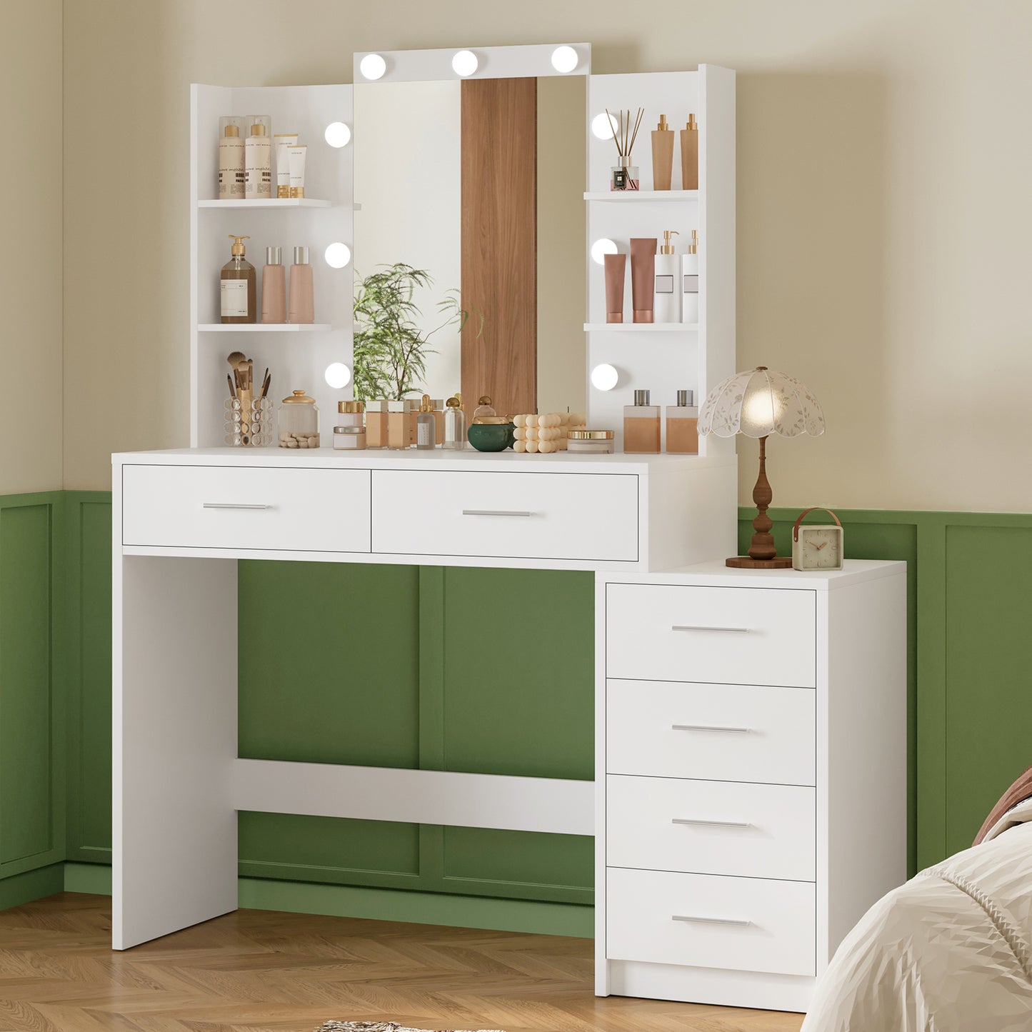 Usikey Large Vanity Desk with Mirror & Lights, Makeup Vanity Table with 6 Drawers, 4 Open Storage Shelves, Vanity Desk Set with Stool, White
