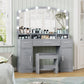 usikey Large Vanity Set with Large Lighted Mirror, Modern Makeup Vanity Table with 3 Drawers, 2 Storage Cabinets & 10 LED Bulbs, Dressing Table with Cushioned Stool for Women, Bedroom, Grey