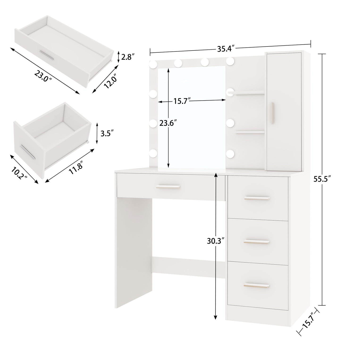 USIKEY Makeup Vanity with Lights, Vanity Desk with Mirror and 10 LED Lights, Vanity Table with 4 Drawers, Cabinet & 4 Necklace Hooks for Bedroom