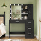 USIKEY Makeup Vanity with Lights, Vanity Desk with Mirror and 10 LED Lights, Vanity Table with 4 Drawers, Cabinet & 4 Necklace Hooks for Bedroom