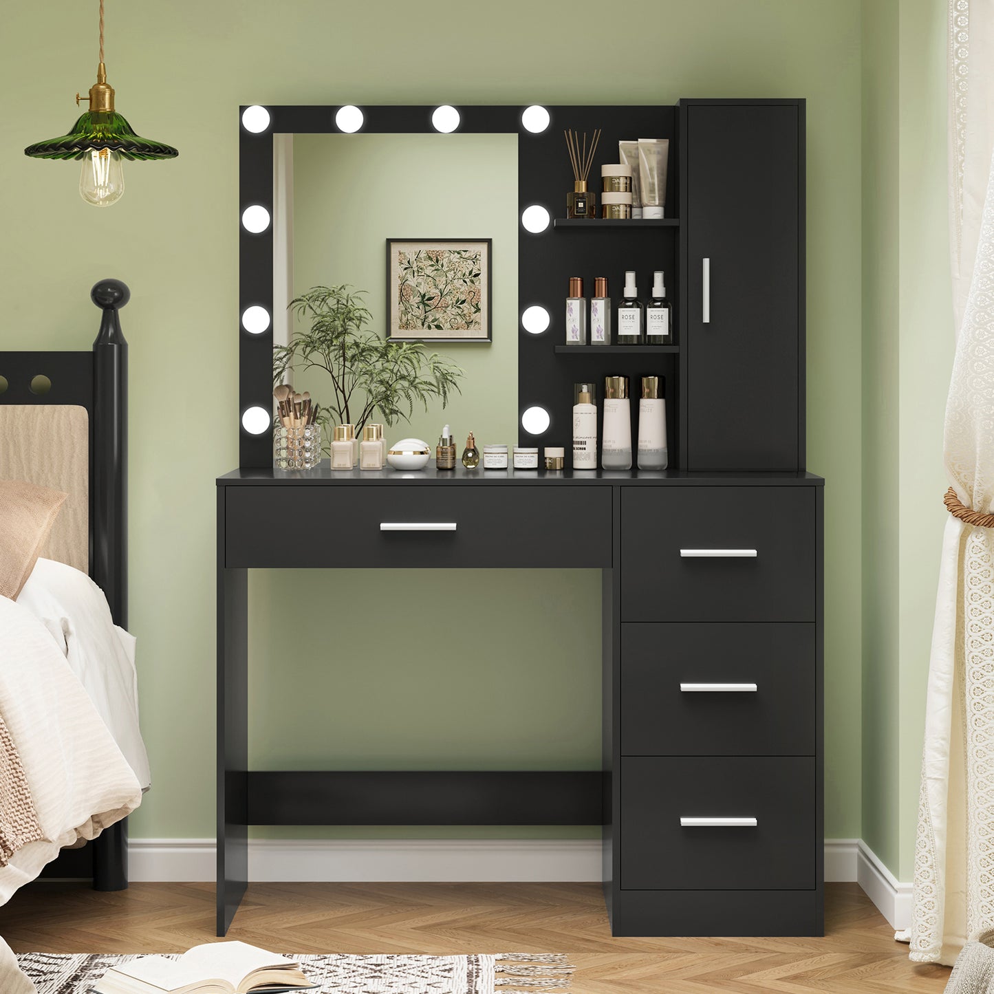 USIKEY Makeup Vanity with Lights, Vanity Desk with Mirror and 10 LED Lights, Vanity Table with 4 Drawers, Cabinet & 4 Necklace Hooks for Bedroom