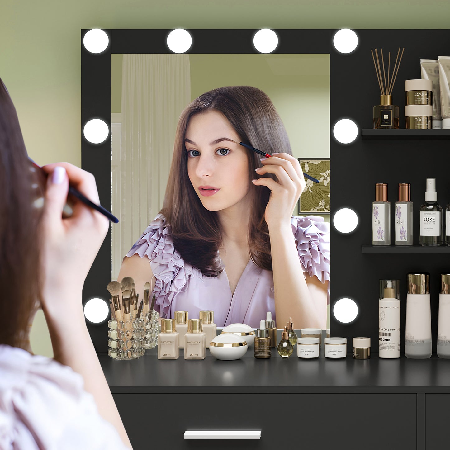 USIKEY Makeup Vanity with Lights, Vanity Desk with Mirror and 10 LED Lights, Vanity Table with 4 Drawers, Cabinet & 4 Necklace Hooks for Bedroom
