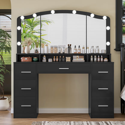 usikey 43.3" Vanity Desk with Large Lighted Mirror, Makeup Vanity Table with 7 Drawers & 10 Lights Bulbs, 3 Lighting Colors, Make Vanity Desk, Vanity Table for Women Girls