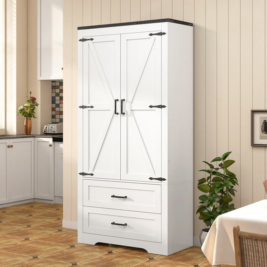 71" Pantry Cabinet, Farmhouse Kitchen Storage Cabinet with 2 Barn Doors & Adjustable Shelves, Kitchen Pantry, Kitchen Cabinet for Dining Room, Home Office, Bathroom, White