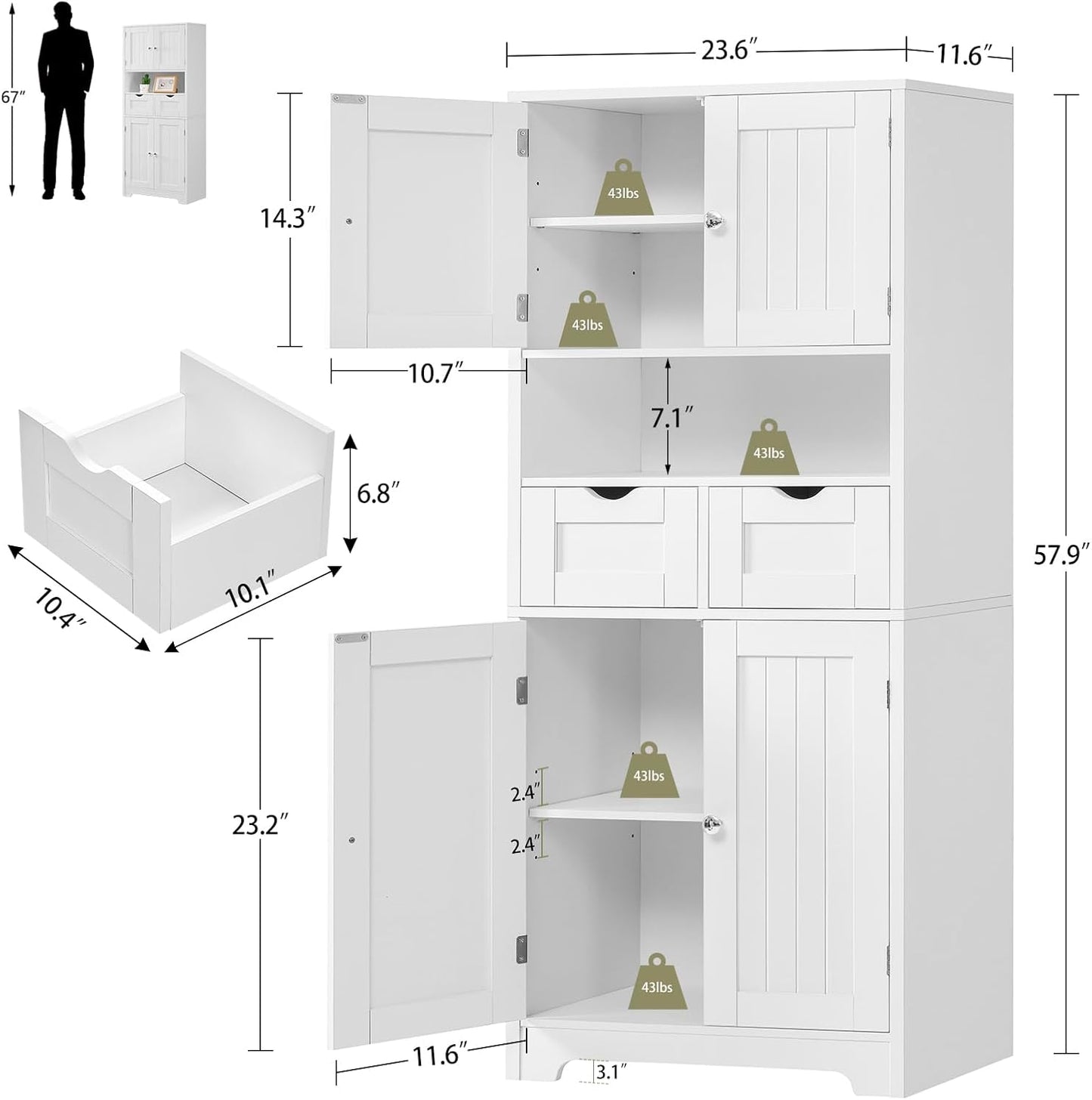 Tall Storage Cabinet, Bathroom Cabinet with Adjustable Shelf & 2 Drawers, Linen Cabinet, Floor Cabinet for Living Room, Entryway, Home Office