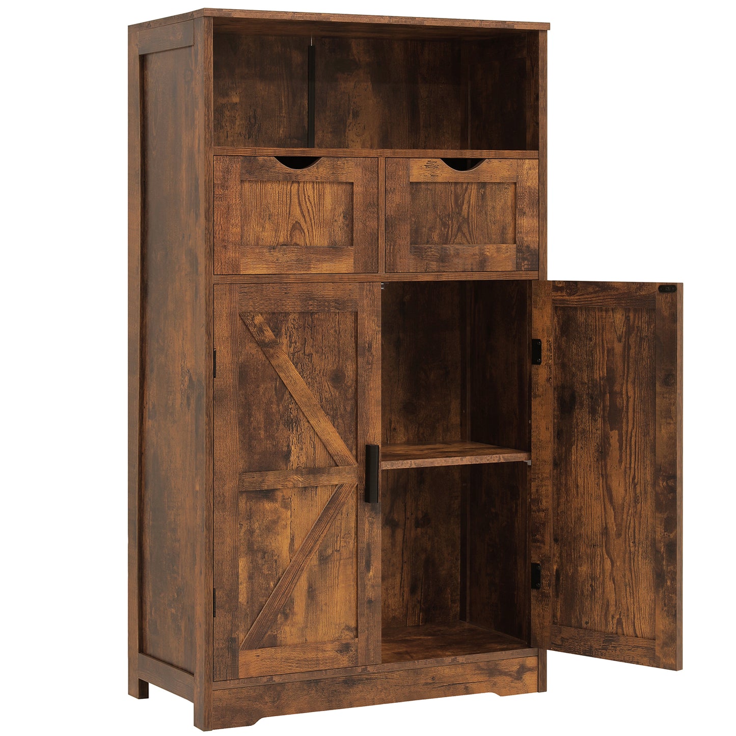 Bathroom Cabinet, Storage Cabinet with 2 Adjustable Drawers & 2 Barn Doors, Standing Cupboard with 2 Shelf, Floor Cabinet for Living Room, Home Office, Kitchen