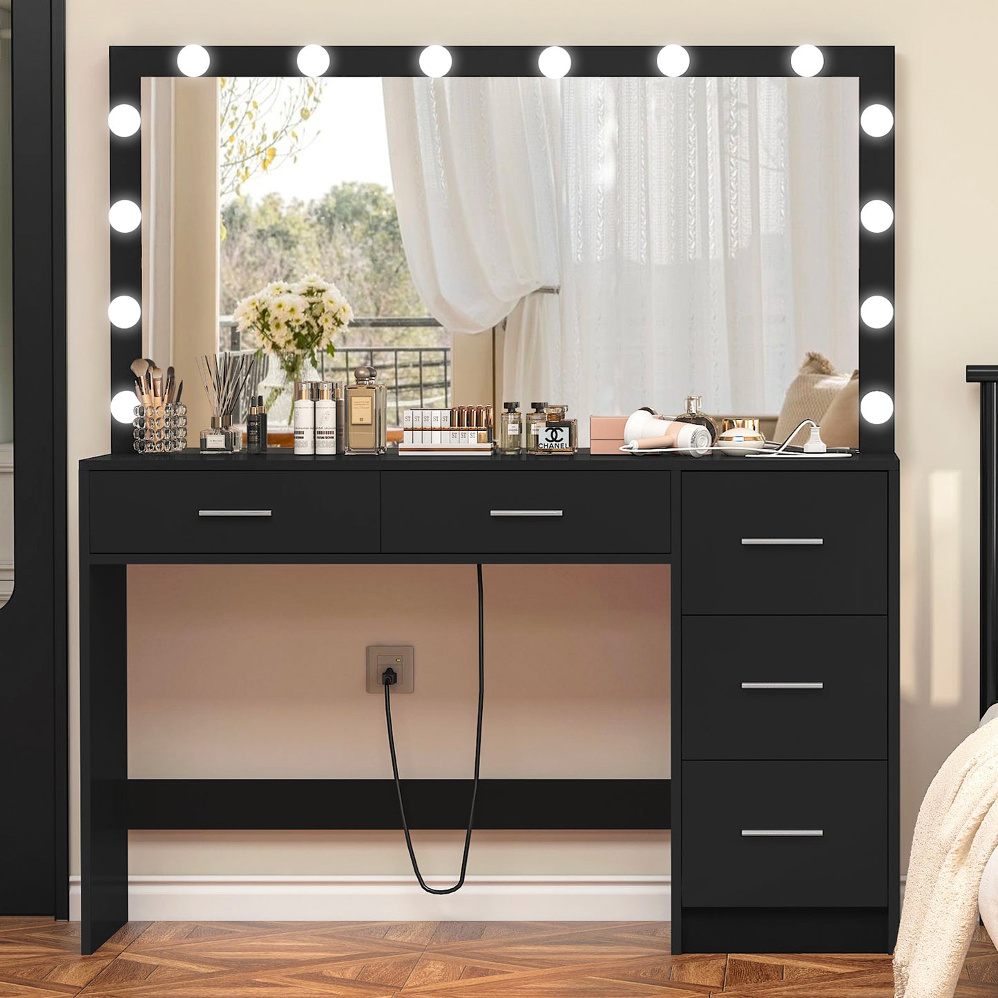 USIKEY 47.2" Large Vanity Desk with Lighted Mirror, 14 Lights, Makeup Vanity Table with 5 Large Drawers & Charging Station
