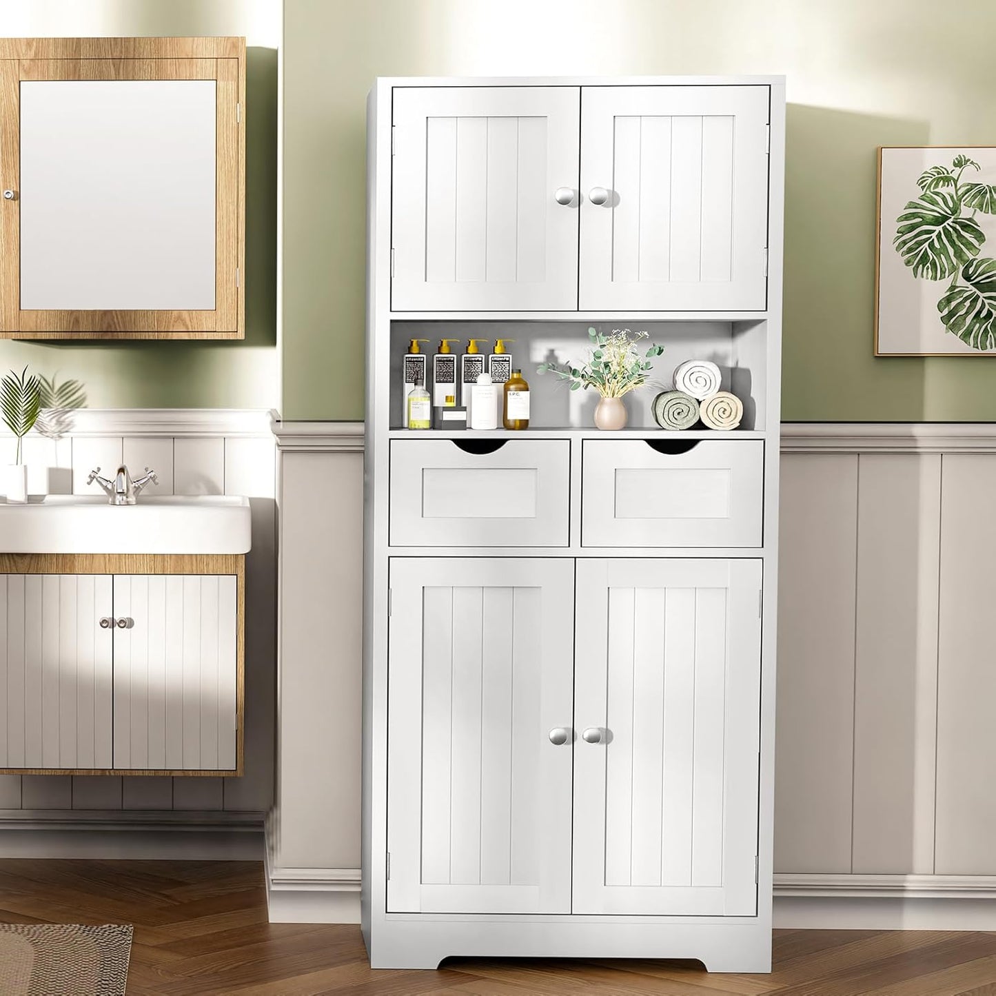 Tall Storage Cabinet, Bathroom Cabinet with Adjustable Shelf & 2 Drawers, Linen Cabinet, Floor Cabinet for Living Room, Entryway, Home Office