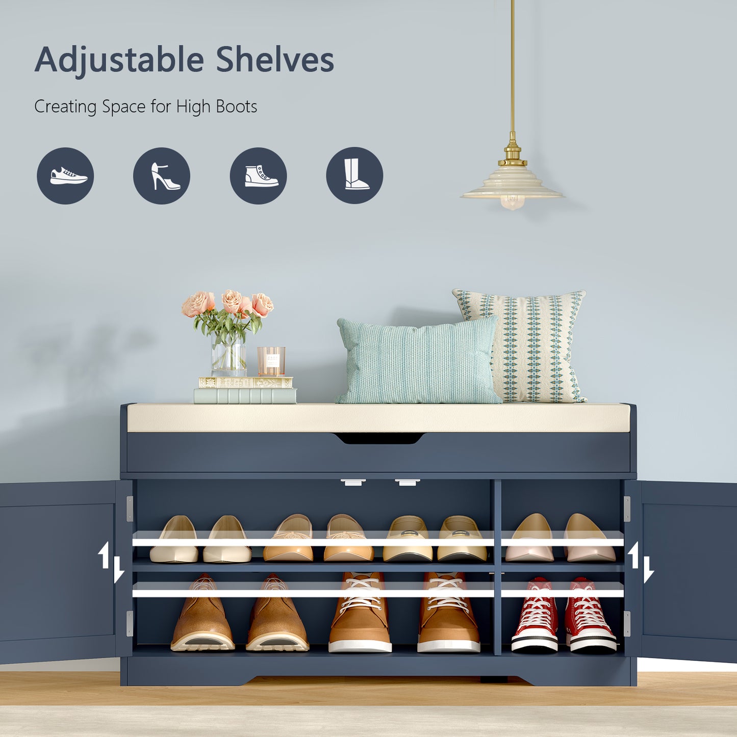 USIKEY Shoe Storage Bench, 2 Tier Shoe Bench with Padded Seat Cushion & 2 Barn Doors, Entryway Bench with Adjustable Shelf, Shoe Cabinet for Living Room, Bedroom
