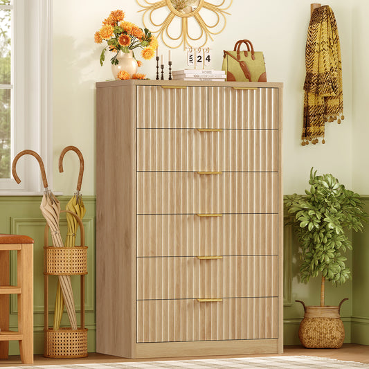 Usikey Fluted 6 Drawers Dresser for Bedroom, 48" H Modern Chest of Drawers with Metal Handle,  Wood Closet Organizer Wood Dressers for Living Room