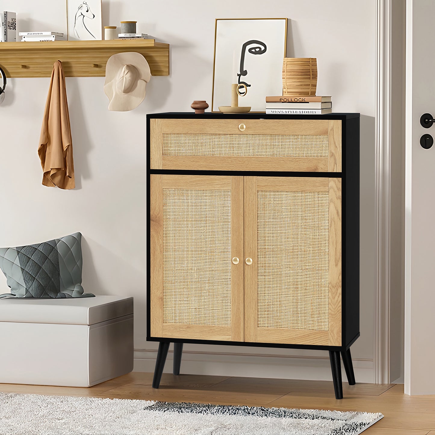 Storage Cabinet with Adjustable Shelf, Rattan Cabinet with Large Drawer, Accent Cabinet for Dining Room, Living Room, Entryway