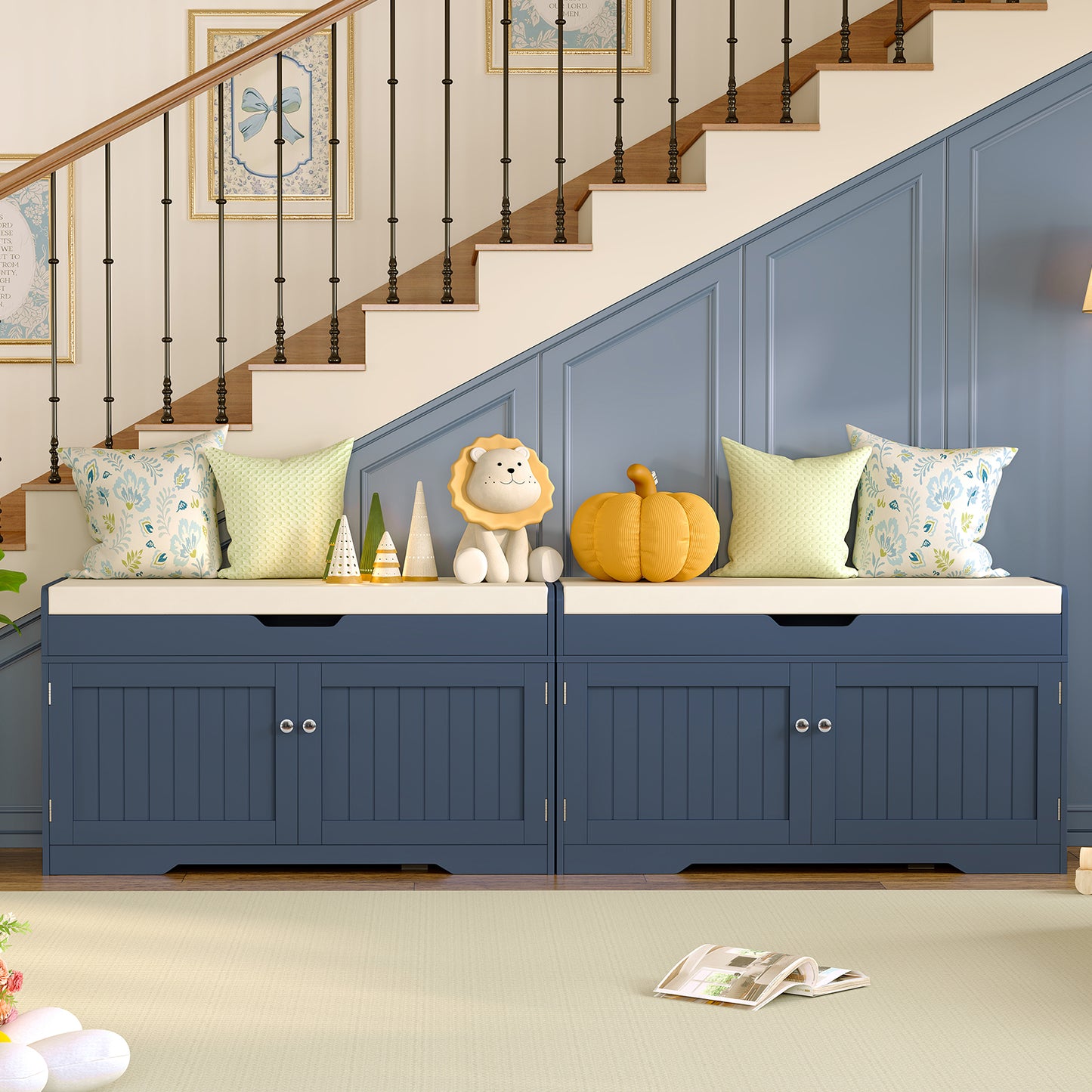 USIKEY Shoe Storage Bench, 2 Tier Shoe Bench with Padded Seat Cushion & 2 Barn Doors, Entryway Bench with Adjustable Shelf, Shoe Cabinet for Living Room, Bedroom