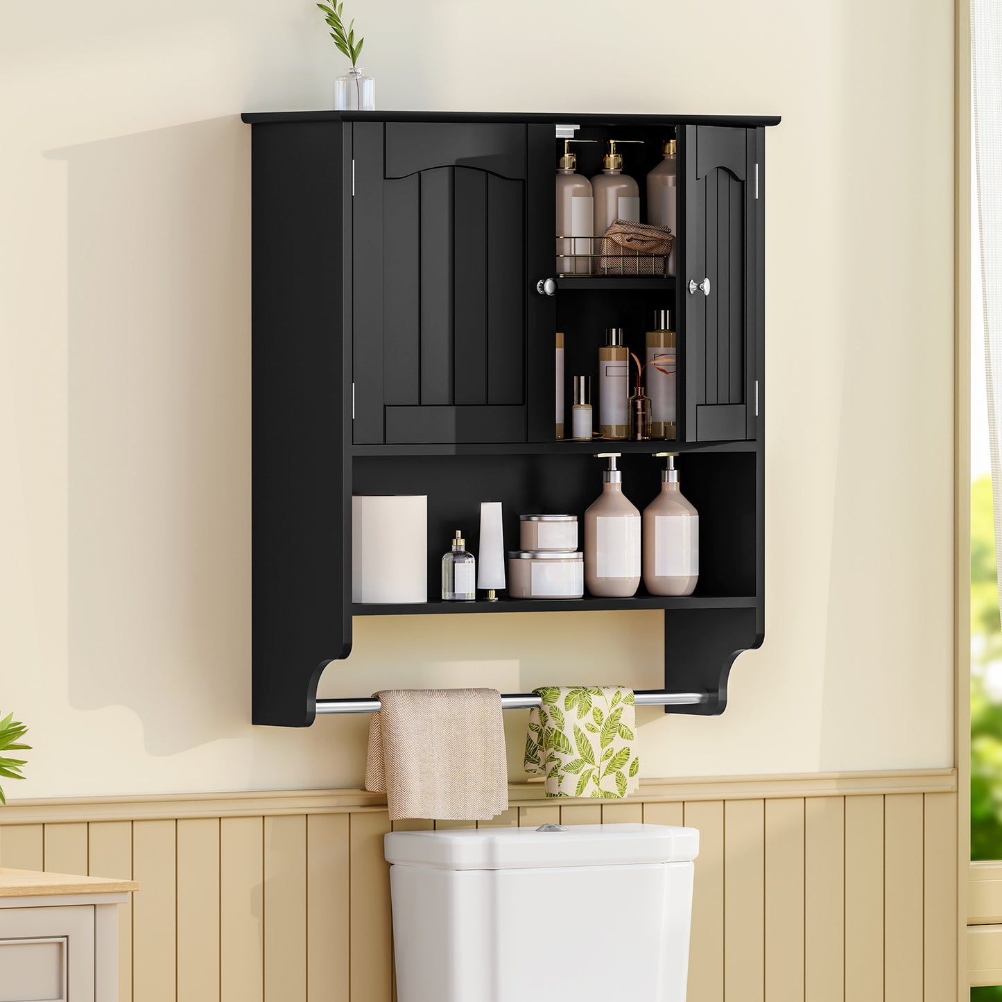 Bathroom Wall Cabinet with Towel Bar, Bathroom Cabinet with Adjustable Shelf, Medicine Cabinet for Laundry Room, Living Room, White