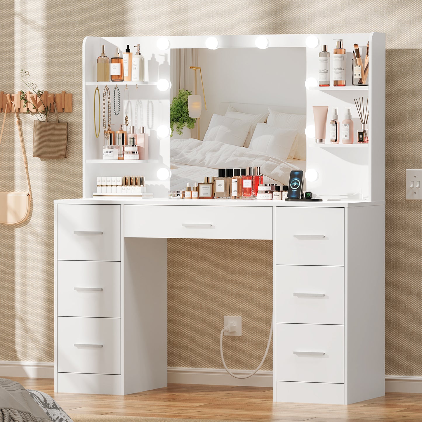 Large Vanity Desk with LED Lighted Mirror & Power Outlet,Makeup Vanity Table with 7 Drawers,4 Shelves and 5 Hooks,Vanity Table, Vanity Desk Set for Bedroom,Bathroom,White