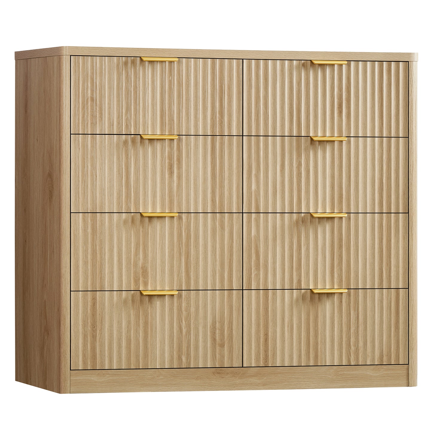Usikey Fluted Dresser for Bedroom with 8 Drawers, 47'W Modern Chest of Drawers with Metal Handle, Wood Clothes Storage Organizer for Living Room, Oak