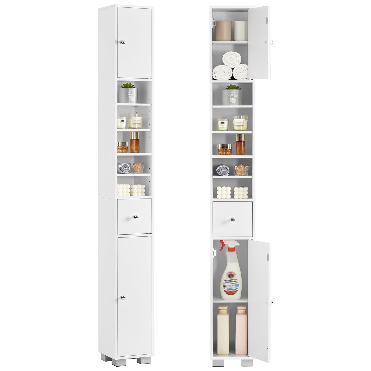 USIKEY Narrow Bathroom Storage Cabinet with Adjustable Shelves & Drawer, 71" H Tall Bathroom Cabinet, Slim Storage Cabinet for Small Spaces, White