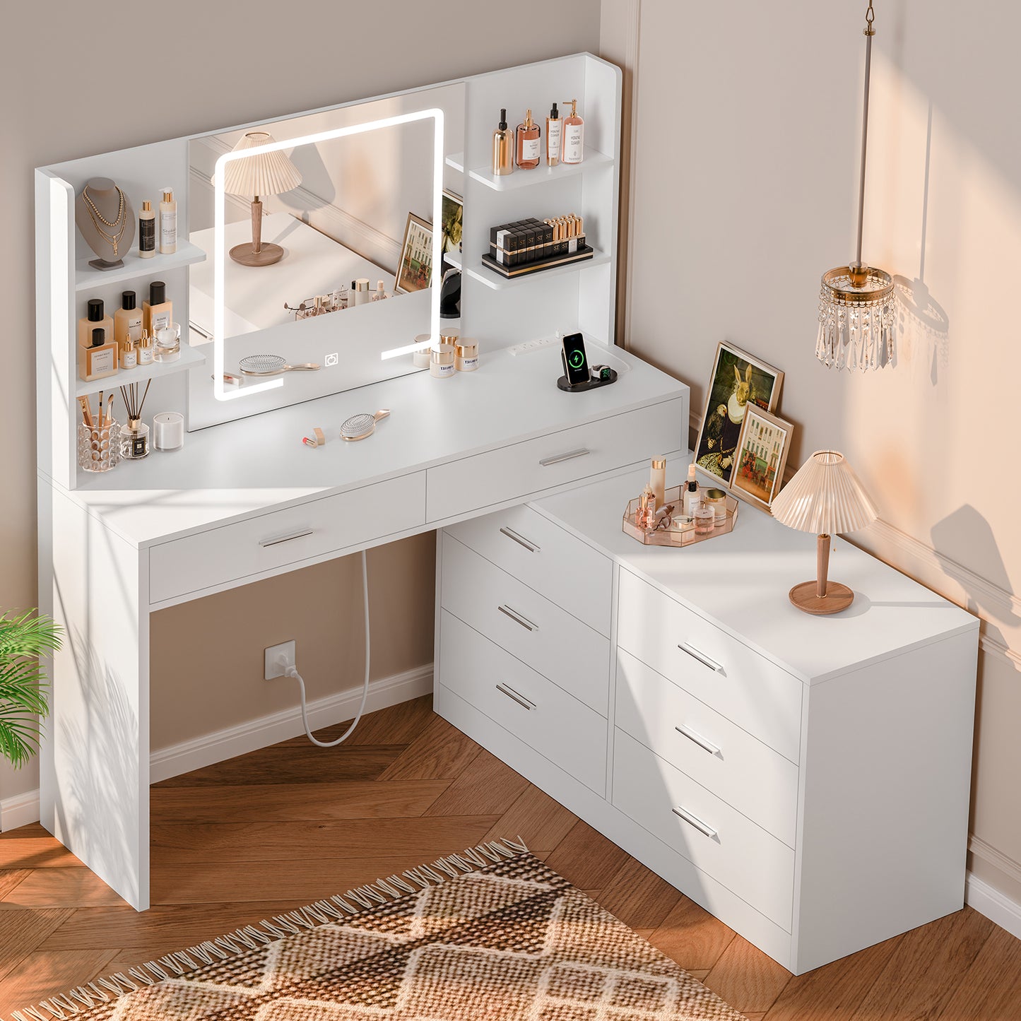 65.9'' Vanity Desk with LED Lighted Mirror & Power Outlet, Modern Corner Makeup Vanity Table with 8 Drawers & Open Shelves, Dressing Table for Bedroom, Makeup Room