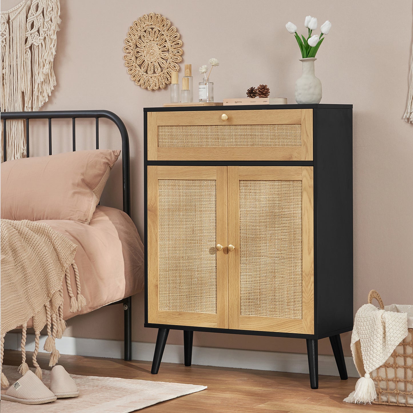 Storage Cabinet with Adjustable Shelf, Rattan Cabinet with Large Drawer, Accent Cabinet for Dining Room, Living Room, Entryway