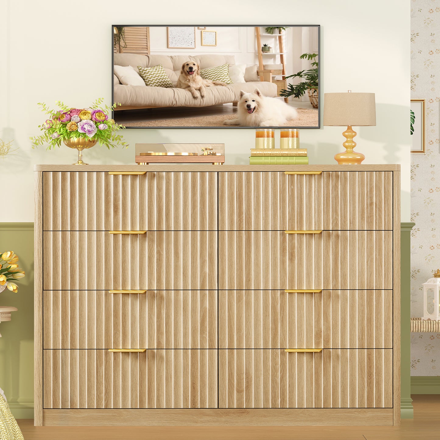 Usikey Fluted Dresser for Bedroom with 8 Drawers, 47'W Modern Chest of Drawers with Metal Handle, Wood Clothes Storage Organizer for Living Room, Oak